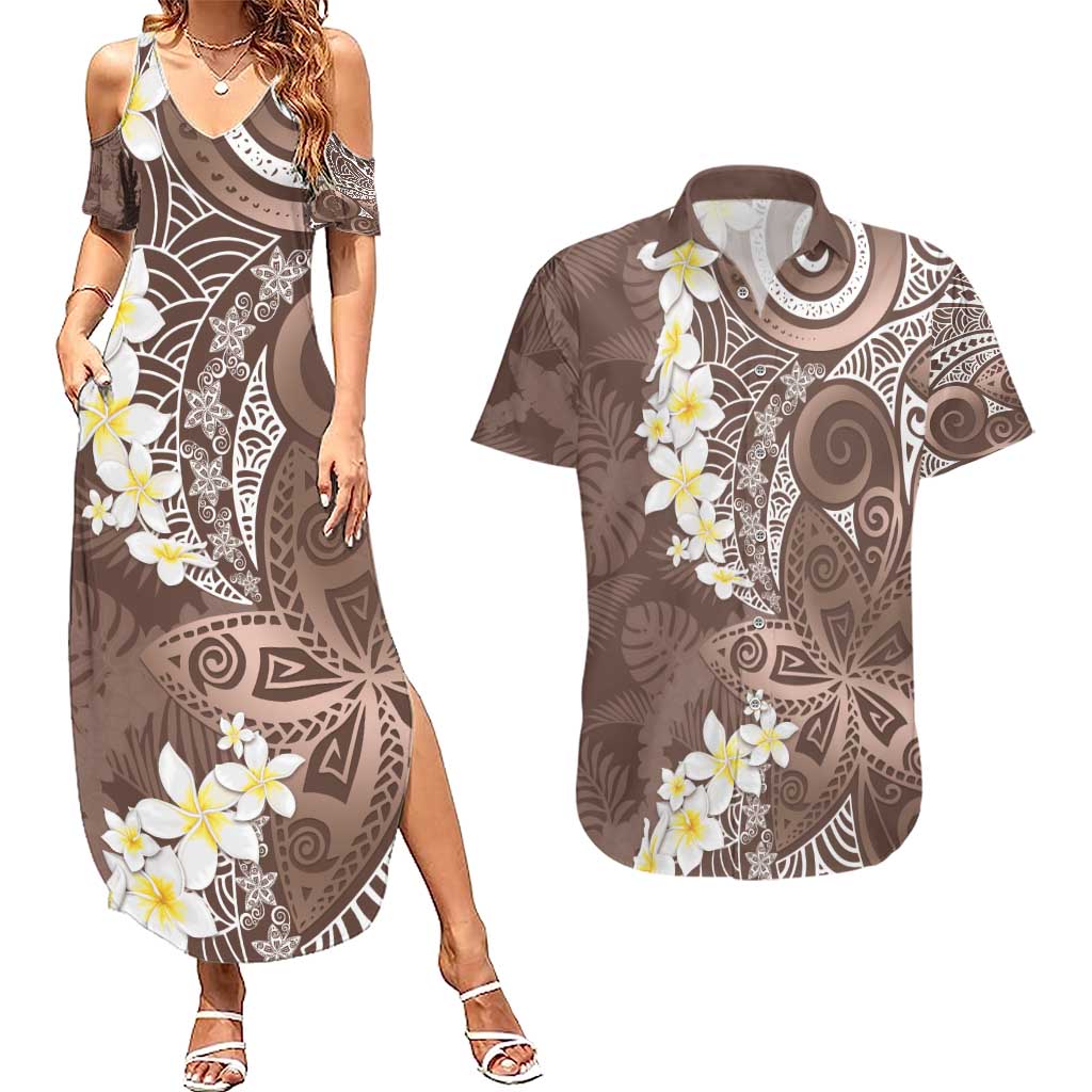 Mocha Mousse Polynesian Tribal Frangipani Tropical Vibe Couples Matching Summer Maxi Dress and Hawaiian Shirt LT14 Mocha Mousse - Polynesian Pride