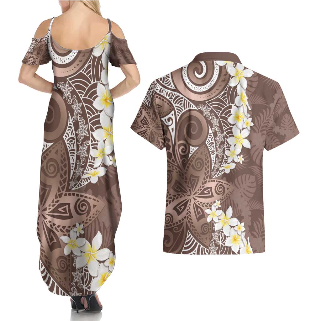 Mocha Mousse Polynesian Tribal Frangipani Tropical Vibe Couples Matching Summer Maxi Dress and Hawaiian Shirt LT14 - Polynesian Pride