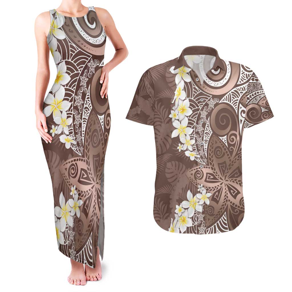 Mocha Mousse Polynesian Tribal Frangipani Tropical Vibe Couples Matching Tank Maxi Dress and Hawaiian Shirt LT14 Mocha Mousse - Polynesian Pride