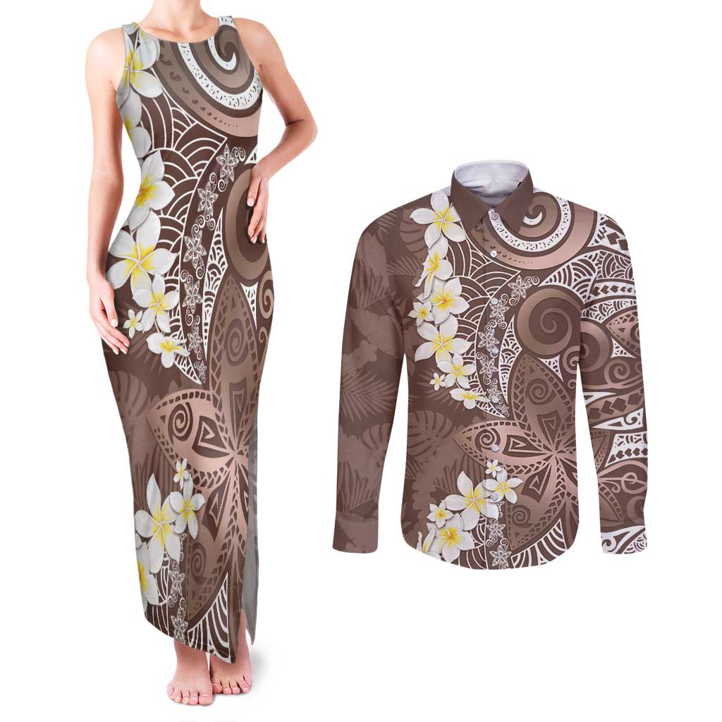 Mocha Mousse Polynesian Tribal Frangipani Tropical Vibe Couples Matching Tank Maxi Dress and Long Sleeve Button Shirt LT14 Mocha Mousse - Polynesian Pride