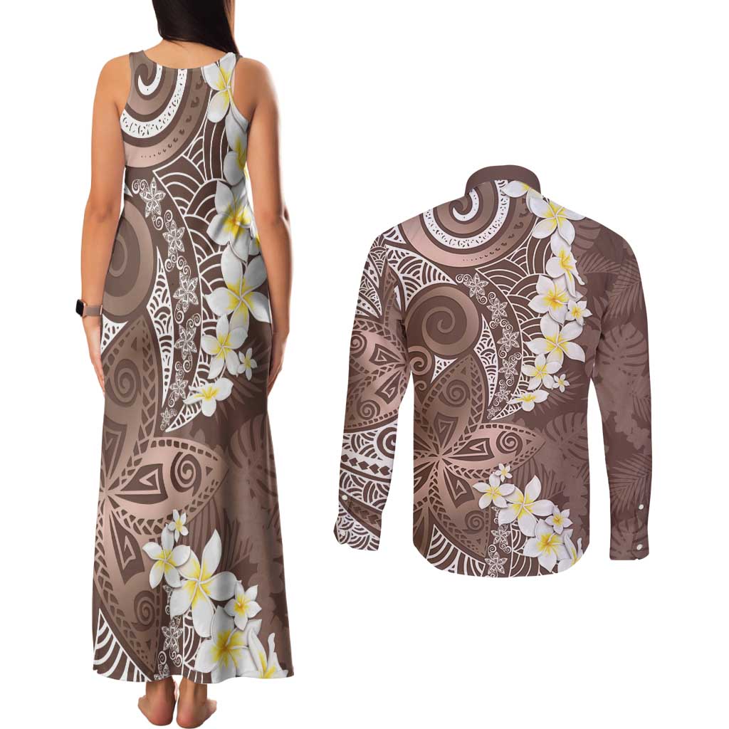 Mocha Mousse Polynesian Tribal Frangipani Tropical Vibe Couples Matching Tank Maxi Dress and Long Sleeve Button Shirt LT14 - Polynesian Pride