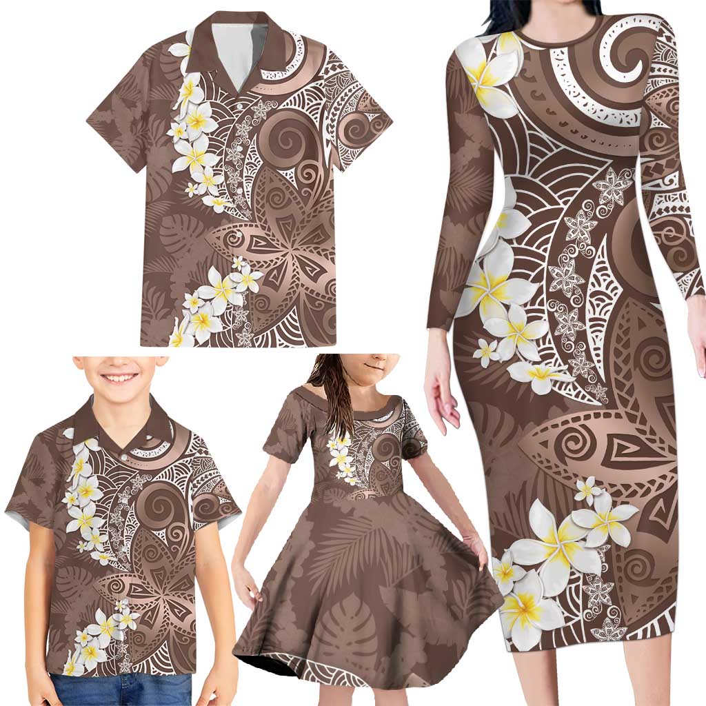 Mocha Mousse Polynesian Tribal Frangipani Tropical Vibe Family Matching Long Sleeve Bodycon Dress and Hawaiian Shirt LT14 - Polynesian Pride