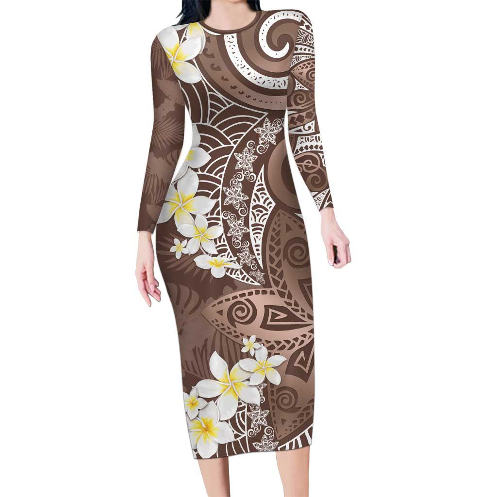 Mocha Mousse Polynesian Tribal Frangipani Tropical Vibe Family Matching Long Sleeve Bodycon Dress and Hawaiian Shirt LT14 Mom's Dress Mocha Mousse - Polynesian Pride