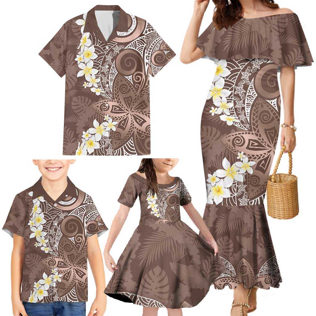 Mocha Mousse Polynesian Tribal Frangipani Tropical Vibe Family Matching Mermaid Dress and Hawaiian Shirt LT14 - Polynesian Pride