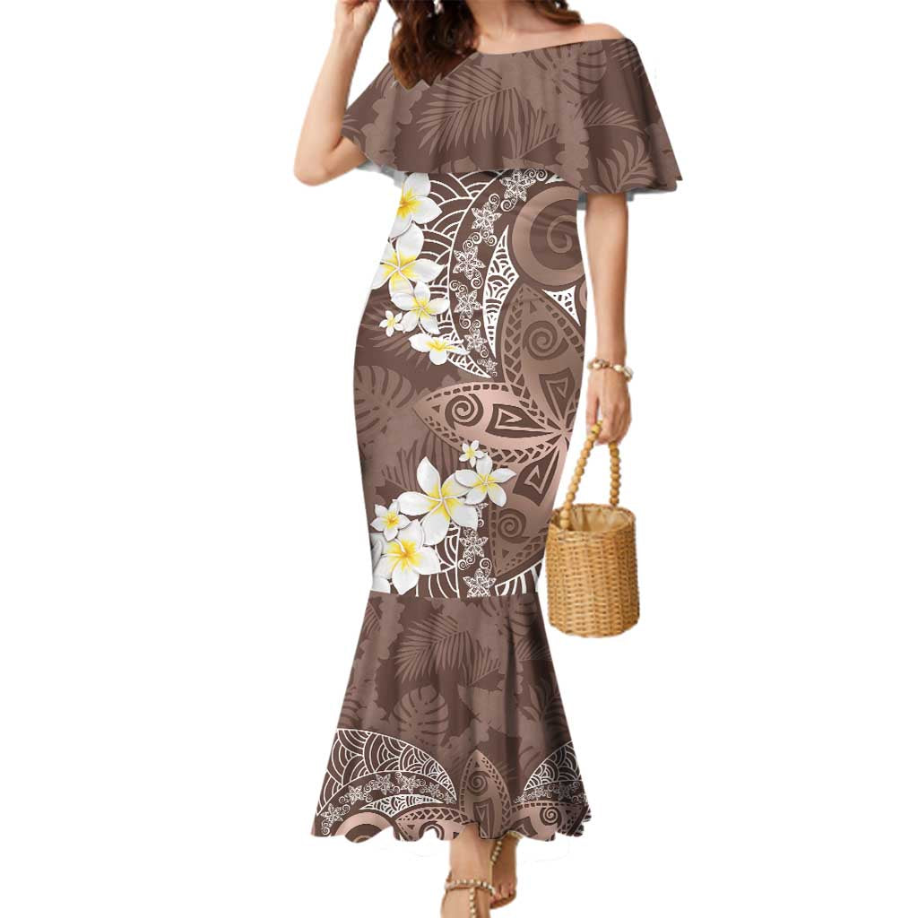 Mocha Mousse Polynesian Tribal Frangipani Tropical Vibe Family Matching Mermaid Dress and Hawaiian Shirt LT14 Mom's Dress Mocha Mousse - Polynesian Pride