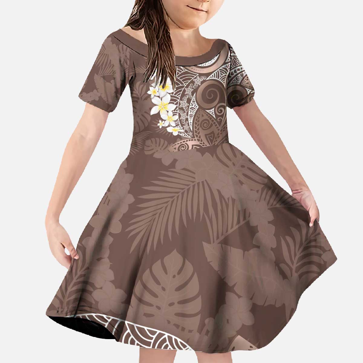 Mocha Mousse Polynesian Tribal Frangipani Tropical Vibe Family Matching Off The Shoulder Long Sleeve Dress and Hawaiian Shirt LT14 Daughter's Dress Mocha Mousse - Polynesian Pride