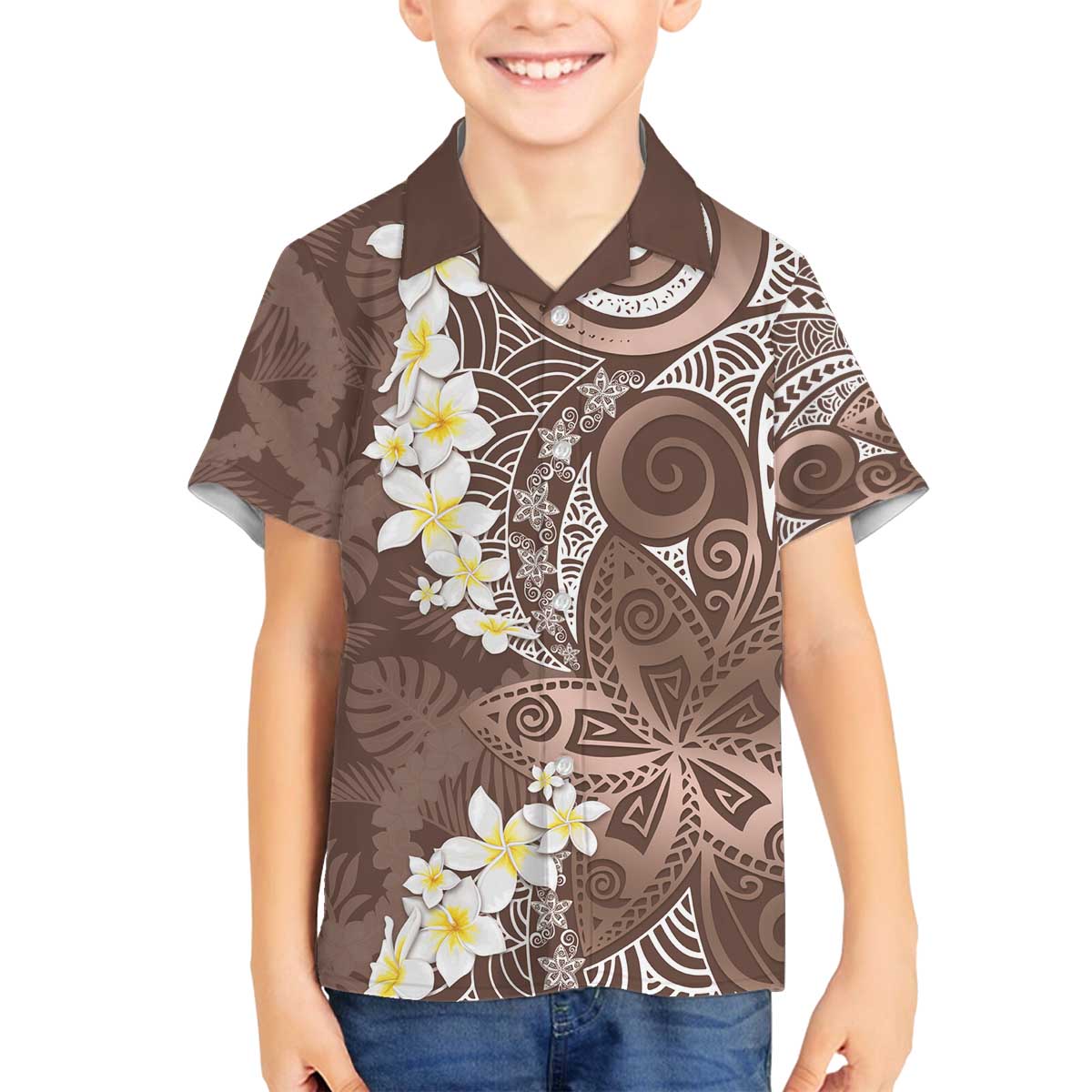 Mocha Mousse Polynesian Tribal Frangipani Tropical Vibe Family Matching Off The Shoulder Long Sleeve Dress and Hawaiian Shirt LT14 Son's Shirt Mocha Mousse - Polynesian Pride