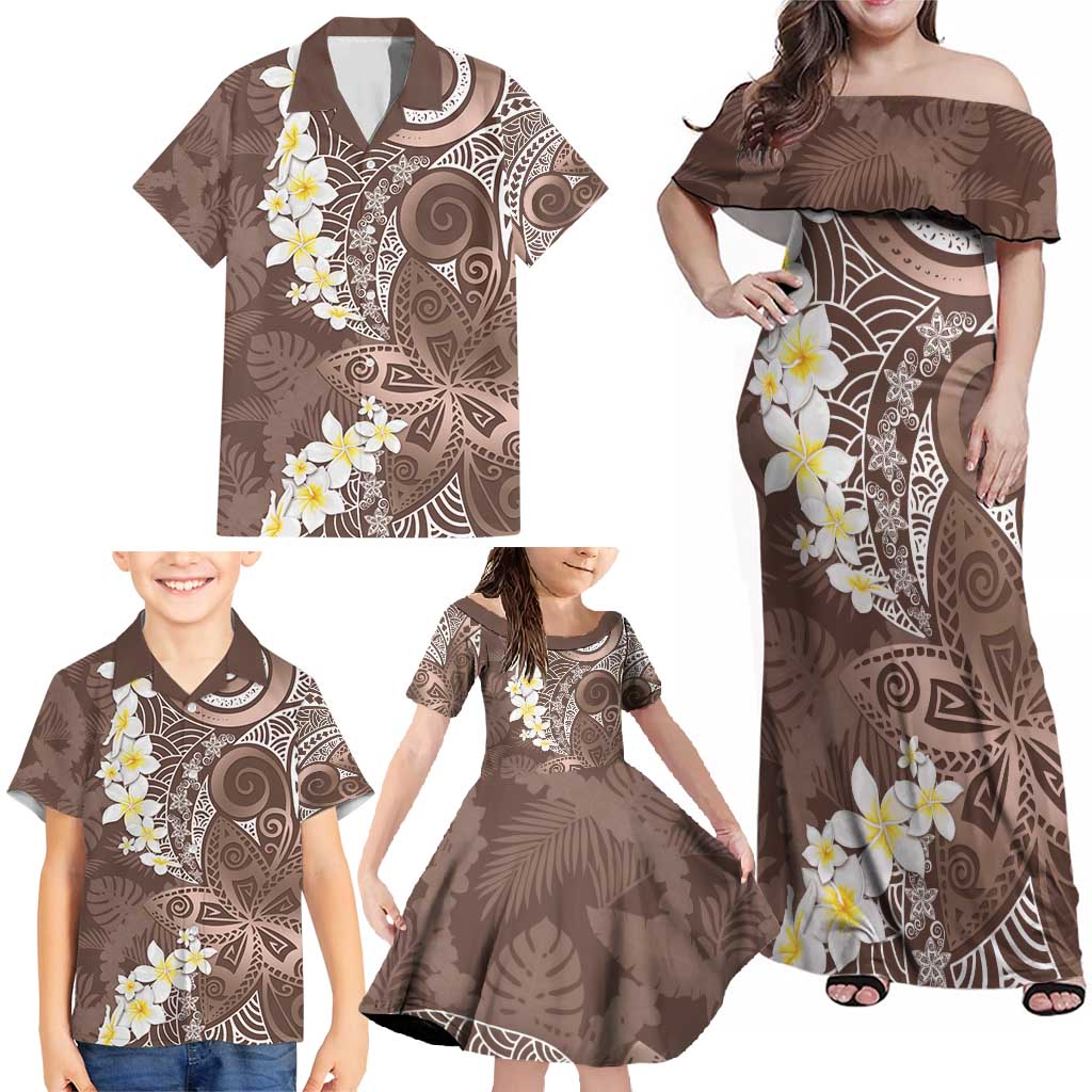 Mocha Mousse Polynesian Tribal Frangipani Tropical Vibe Family Matching Off Shoulder Maxi Dress and Hawaiian Shirt LT14 - Polynesian Pride