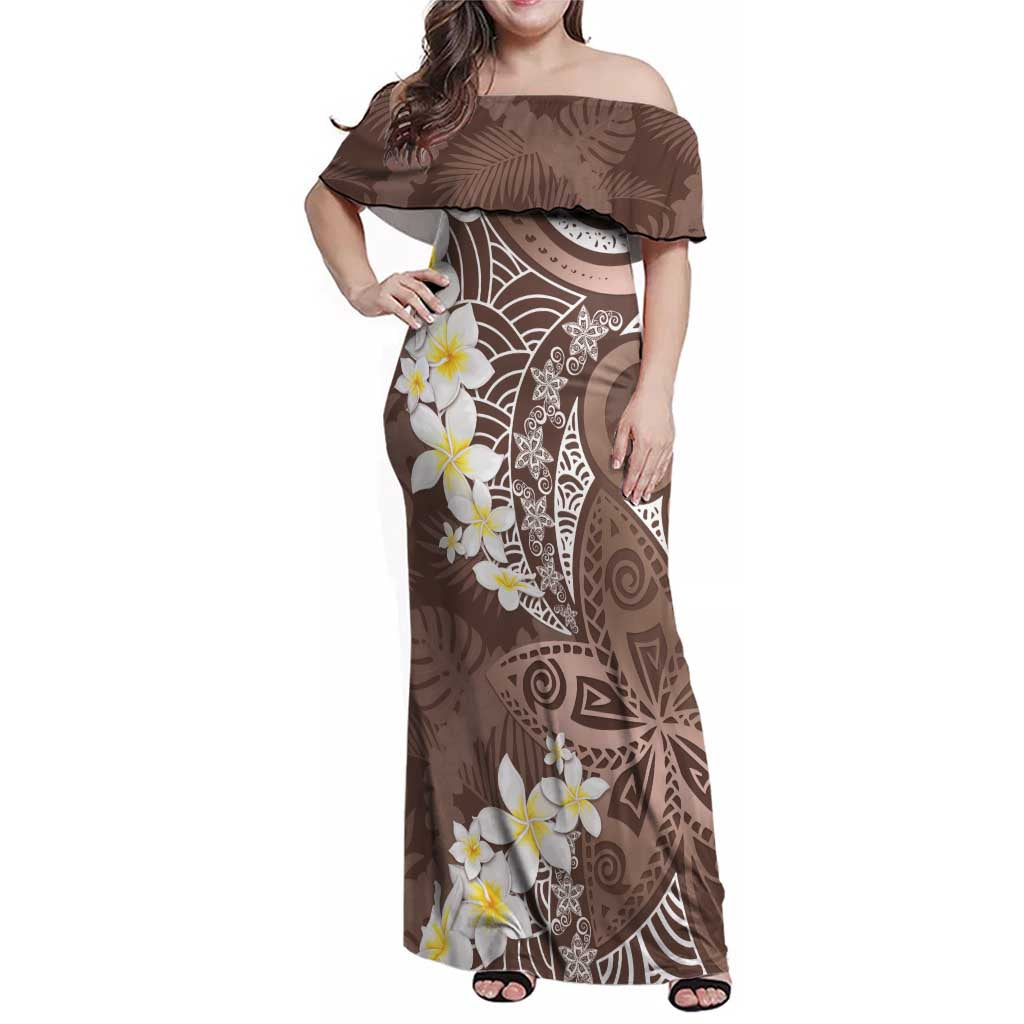Mocha Mousse Polynesian Tribal Frangipani Tropical Vibe Family Matching Off Shoulder Maxi Dress and Hawaiian Shirt LT14 Mom's Dress Mocha Mousse - Polynesian Pride