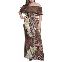 Mocha Mousse Polynesian Tribal Frangipani Tropical Vibe Family Matching Off Shoulder Maxi Dress and Hawaiian Shirt LT14 Mom's Dress Mocha Mousse - Polynesian Pride