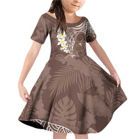 Mocha Mousse Polynesian Tribal Frangipani Tropical Vibe Family Matching Off Shoulder Short Dress and Hawaiian Shirt LT14 Daughter's Dress Mocha Mousse - Polynesian Pride