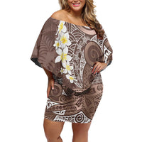 Mocha Mousse Polynesian Tribal Frangipani Tropical Vibe Family Matching Off Shoulder Short Dress and Hawaiian Shirt LT14 Mom's Dress Mocha Mousse - Polynesian Pride