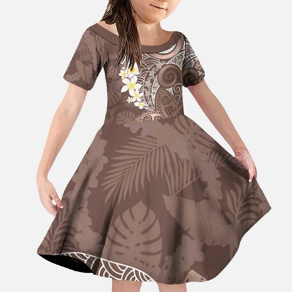 Mocha Mousse Polynesian Tribal Frangipani Tropical Vibe Family Matching Summer Maxi Dress and Hawaiian Shirt LT14 Daughter's Dress Mocha Mousse - Polynesian Pride