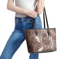 Mocha Mousse Polynesian Tribal Frangipani Tropical Vibe Leather Tote Bag