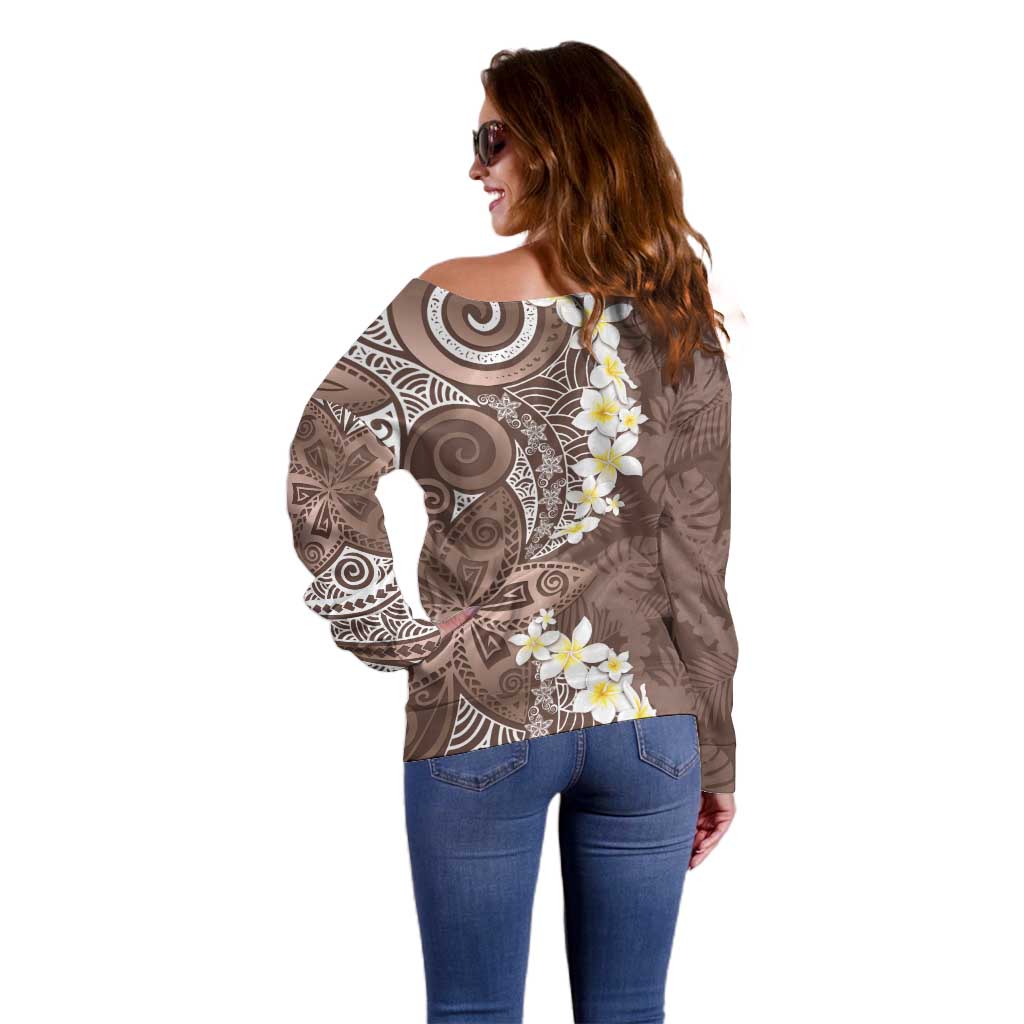 Mocha Mousse Polynesian Tribal Frangipani Tropical Vibe Off Shoulder Sweater