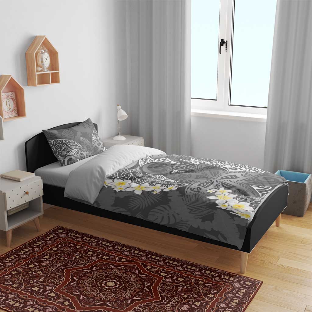 Gray Polynesian Tribal Frangipani Tropical Vibe Bedding Set