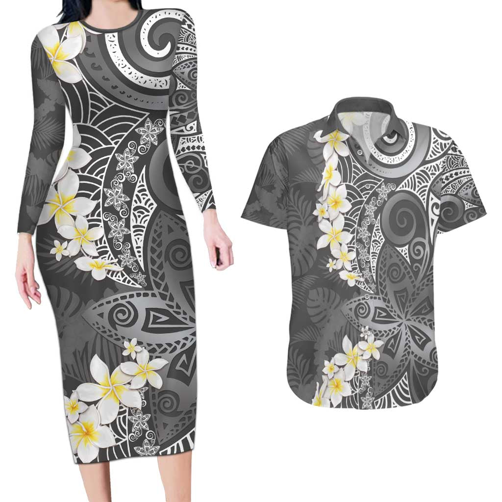 Gray Polynesian Tribal Frangipani Tropical Vibe Couples Matching Long Sleeve Bodycon Dress and Hawaiian Shirt LT14 Gray - Polynesian Pride