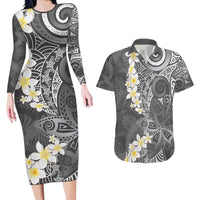 Gray Polynesian Tribal Frangipani Tropical Vibe Couples Matching Long Sleeve Bodycon Dress and Hawaiian Shirt LT14 Gray - Polynesian Pride