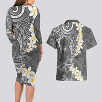 Gray Polynesian Tribal Frangipani Tropical Vibe Couples Matching Long Sleeve Bodycon Dress and Hawaiian Shirt LT14 - Polynesian Pride