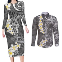 Gray Polynesian Tribal Frangipani Tropical Vibe Couples Matching Long Sleeve Bodycon Dress and Long Sleeve Button Shirt LT14 Gray - Polynesian Pride