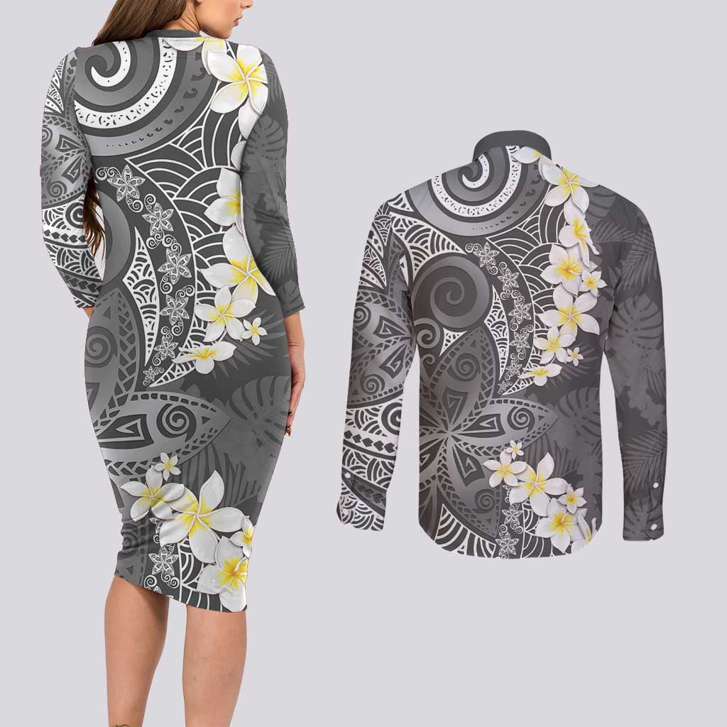 Gray Polynesian Tribal Frangipani Tropical Vibe Couples Matching Long Sleeve Bodycon Dress and Long Sleeve Button Shirt LT14 - Polynesian Pride