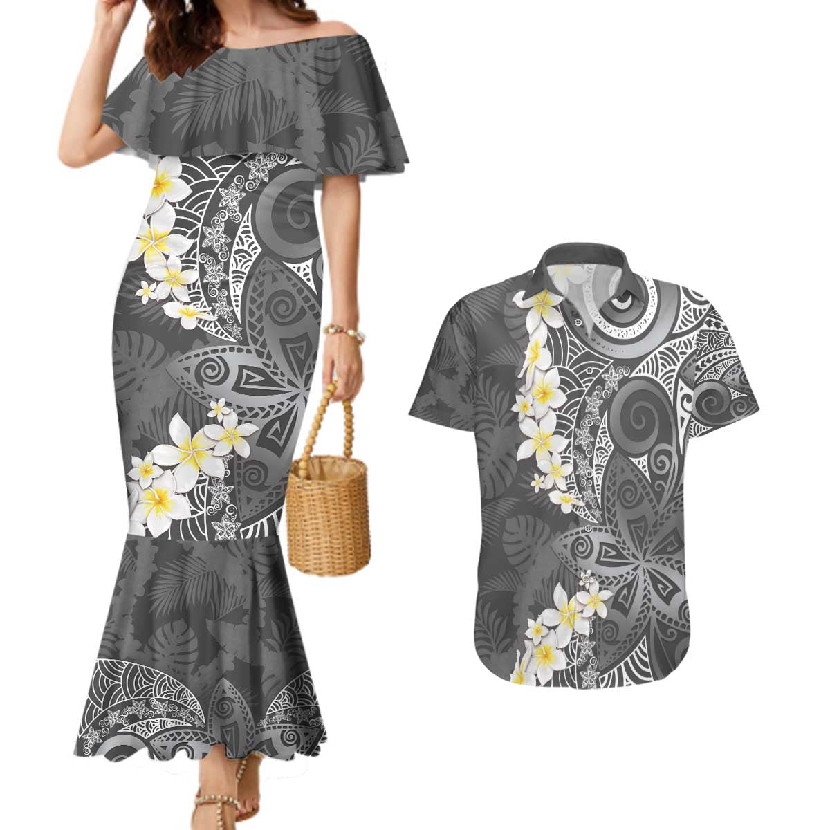 Gray Polynesian Tribal Frangipani Tropical Vibe Couples Matching Mermaid Dress and Hawaiian Shirt LT14 Gray - Polynesian Pride