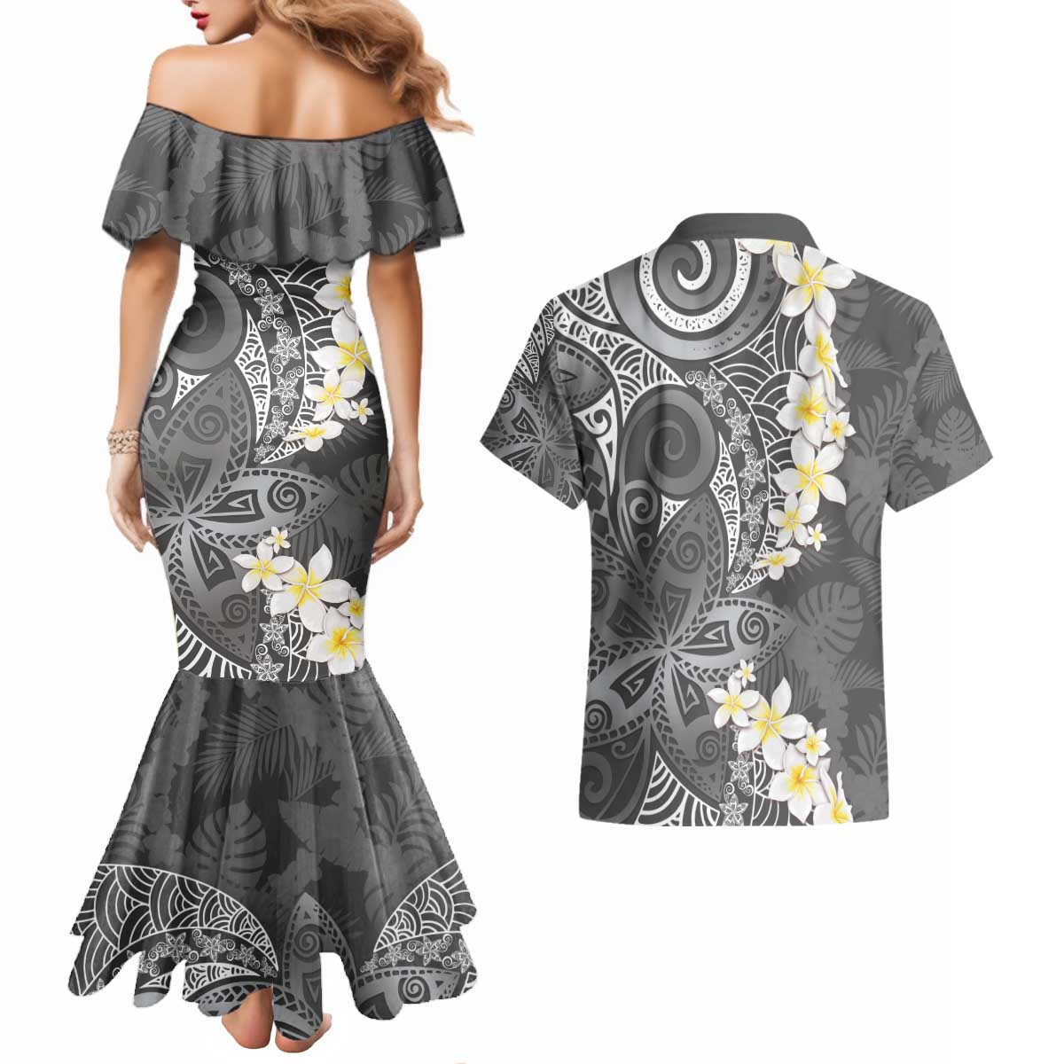 Gray Polynesian Tribal Frangipani Tropical Vibe Couples Matching Mermaid Dress and Hawaiian Shirt LT14 - Polynesian Pride