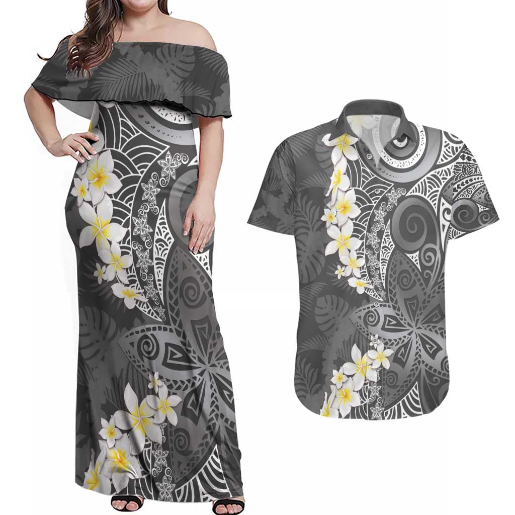 Gray Polynesian Tribal Frangipani Tropical Vibe Couples Matching Off Shoulder Maxi Dress and Hawaiian Shirt LT14 Gray - Polynesian Pride