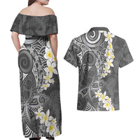Gray Polynesian Tribal Frangipani Tropical Vibe Couples Matching Off Shoulder Maxi Dress and Hawaiian Shirt LT14 - Polynesian Pride