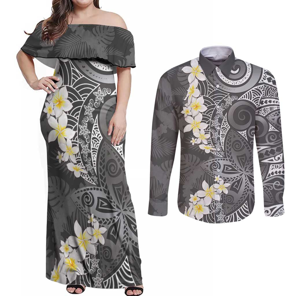 Gray Polynesian Tribal Frangipani Tropical Vibe Couples Matching Off Shoulder Maxi Dress and Long Sleeve Button Shirt LT14 Gray - Polynesian Pride