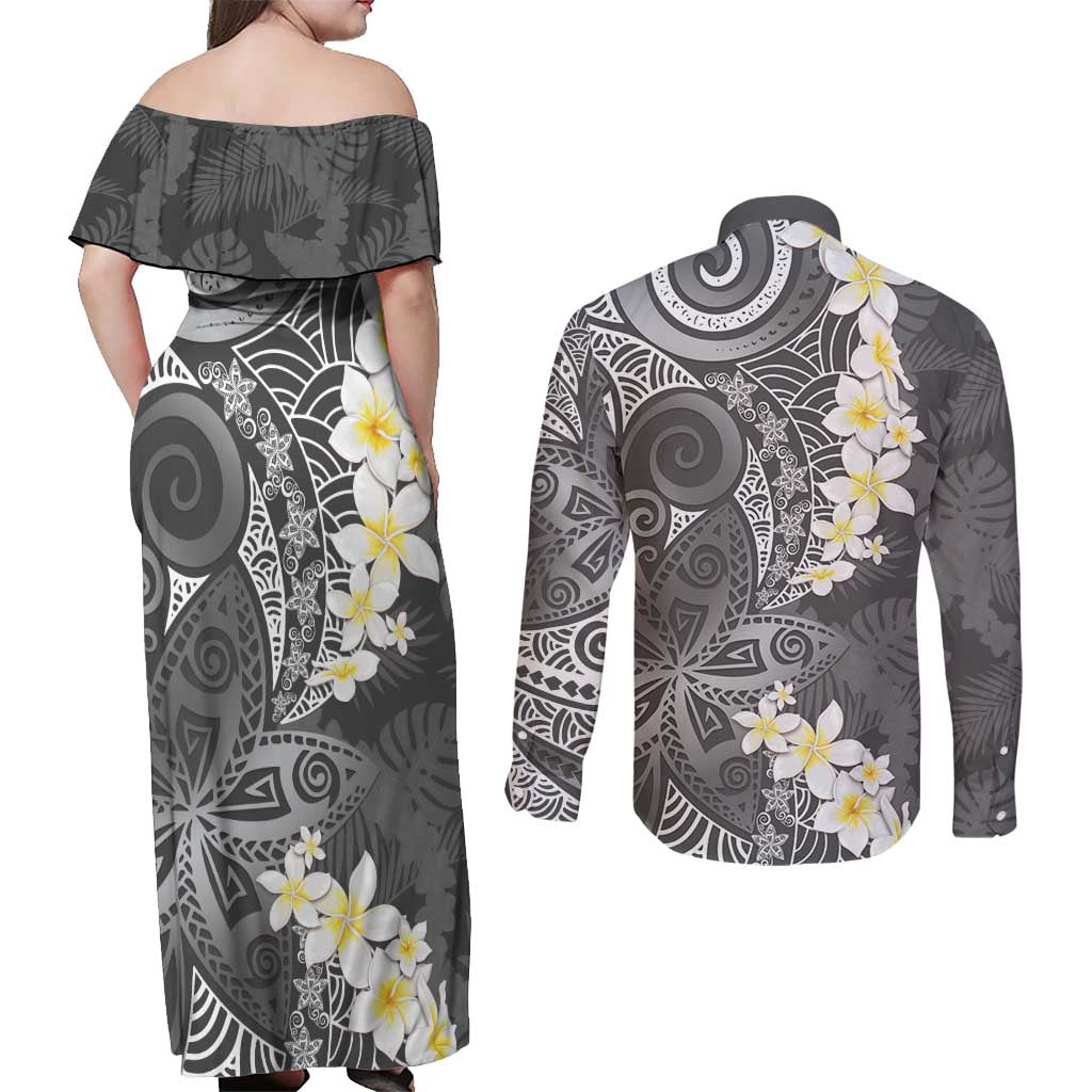 Gray Polynesian Tribal Frangipani Tropical Vibe Couples Matching Off Shoulder Maxi Dress and Long Sleeve Button Shirt LT14 - Polynesian Pride