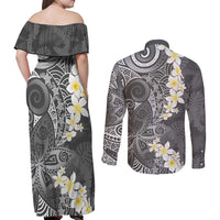 Gray Polynesian Tribal Frangipani Tropical Vibe Couples Matching Off Shoulder Maxi Dress and Long Sleeve Button Shirt LT14 - Polynesian Pride
