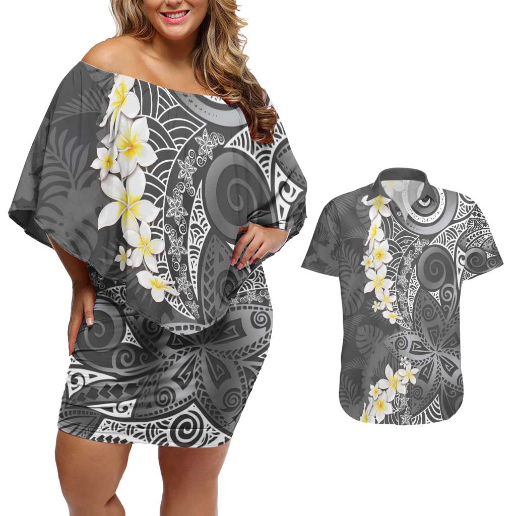 Gray Polynesian Tribal Frangipani Tropical Vibe Couples Matching Off Shoulder Short Dress and Hawaiian Shirt LT14 Gray - Polynesian Pride