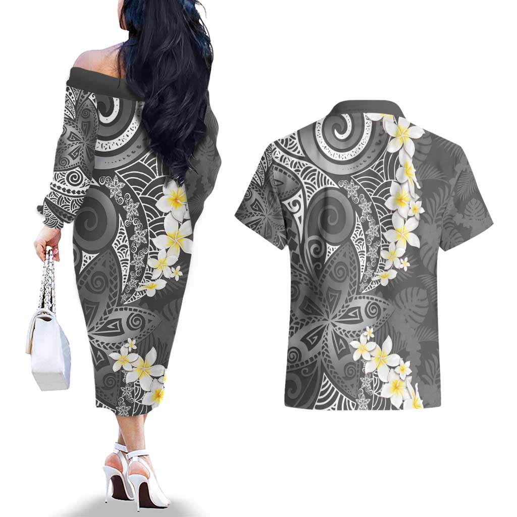 Gray Polynesian Tribal Frangipani Tropical Vibe Couples Matching Off The Shoulder Long Sleeve Dress and Hawaiian Shirt LT14 - Polynesian Pride
