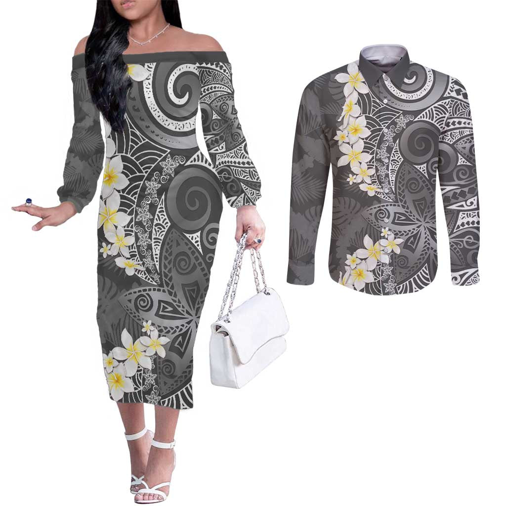 Gray Polynesian Tribal Frangipani Tropical Vibe Couples Matching Off The Shoulder Long Sleeve Dress and Long Sleeve Button Shirt LT14 Gray - Polynesian Pride
