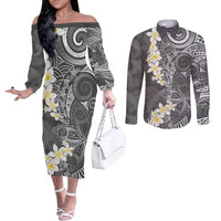 Gray Polynesian Tribal Frangipani Tropical Vibe Couples Matching Off The Shoulder Long Sleeve Dress and Long Sleeve Button Shirt LT14 Gray - Polynesian Pride