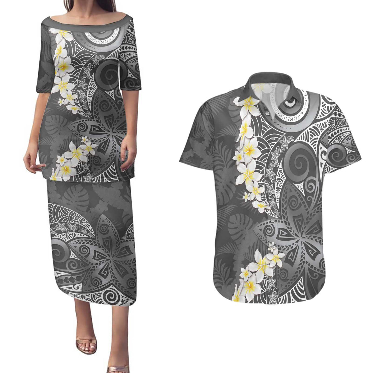 Gray Polynesian Tribal Frangipani Tropical Vibe Couples Matching Puletasi and Hawaiian Shirt LT14 Gray - Polynesian Pride