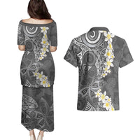 Gray Polynesian Tribal Frangipani Tropical Vibe Couples Matching Puletasi and Hawaiian Shirt LT14 - Polynesian Pride