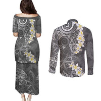 Gray Polynesian Tribal Frangipani Tropical Vibe Couples Matching Puletasi and Long Sleeve Button Shirt