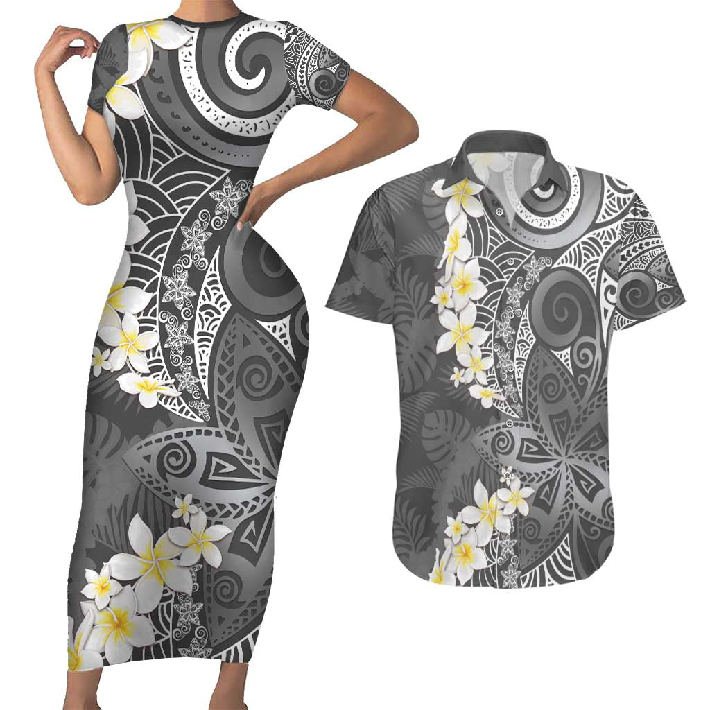 Gray Polynesian Tribal Frangipani Tropical Vibe Couples Matching Short Sleeve Bodycon Dress and Hawaiian Shirt LT14 Gray - Polynesian Pride