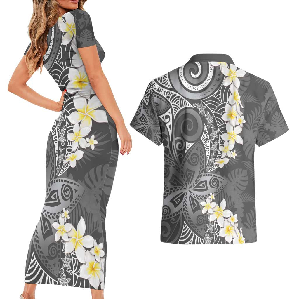 Gray Polynesian Tribal Frangipani Tropical Vibe Couples Matching Short Sleeve Bodycon Dress and Hawaiian Shirt LT14 - Polynesian Pride