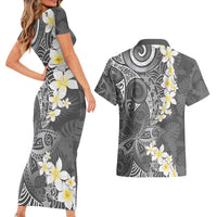 Gray Polynesian Tribal Frangipani Tropical Vibe Couples Matching Short Sleeve Bodycon Dress and Hawaiian Shirt LT14 - Polynesian Pride
