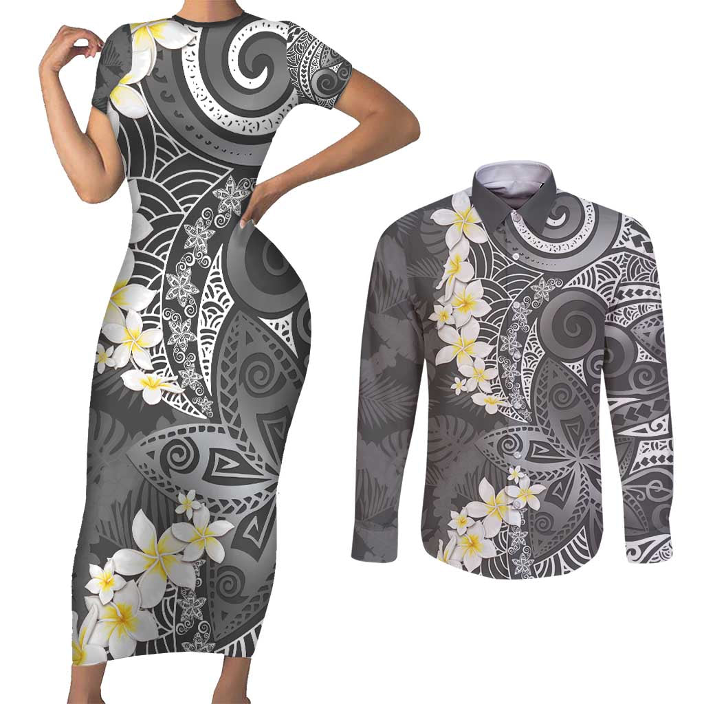 Gray Polynesian Tribal Frangipani Tropical Vibe Couples Matching Short Sleeve Bodycon Dress and Long Sleeve Button Shirt LT14 Gray - Polynesian Pride