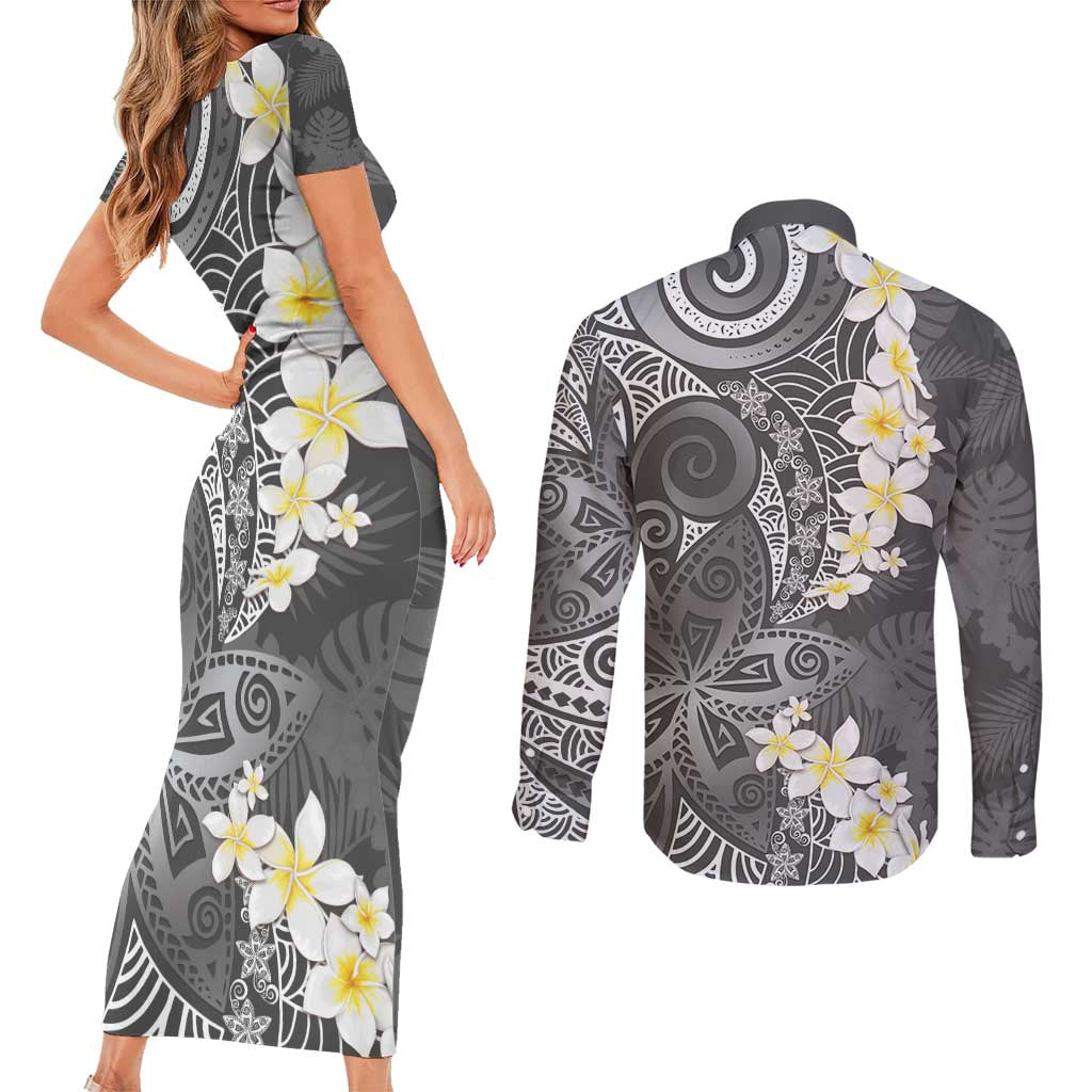 Gray Polynesian Tribal Frangipani Tropical Vibe Couples Matching Short Sleeve Bodycon Dress and Long Sleeve Button Shirt LT14 - Polynesian Pride