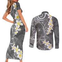 Gray Polynesian Tribal Frangipani Tropical Vibe Couples Matching Short Sleeve Bodycon Dress and Long Sleeve Button Shirt LT14 - Polynesian Pride