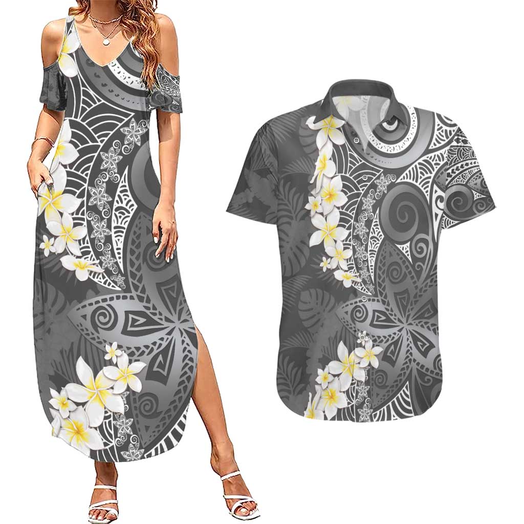 Gray Polynesian Tribal Frangipani Tropical Vibe Couples Matching Summer Maxi Dress and Hawaiian Shirt LT14 Gray - Polynesian Pride
