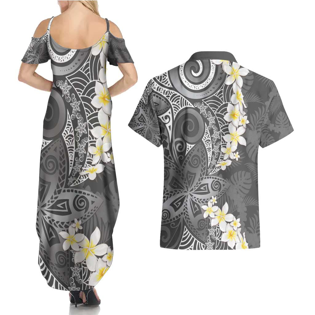 Gray Polynesian Tribal Frangipani Tropical Vibe Couples Matching Summer Maxi Dress and Hawaiian Shirt LT14 - Polynesian Pride