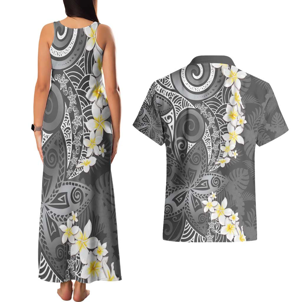 Gray Polynesian Tribal Frangipani Tropical Vibe Couples Matching Tank Maxi Dress and Hawaiian Shirt LT14 - Polynesian Pride