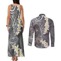 Gray Polynesian Tribal Frangipani Tropical Vibe Couples Matching Tank Maxi Dress and Long Sleeve Button Shirt LT14 - Polynesian Pride