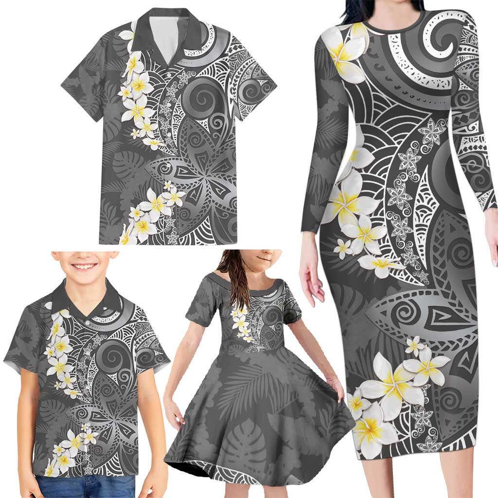 Gray Polynesian Tribal Frangipani Tropical Vibe Family Matching Long Sleeve Bodycon Dress and Hawaiian Shirt LT14 - Polynesian Pride